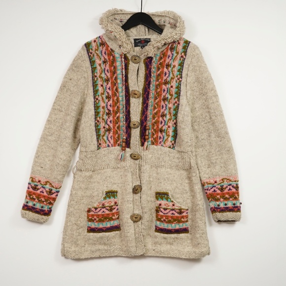 Lost Horizons Wool Hand Knit Hooded Cardigan Sweater Medium - Picture 1 of 9